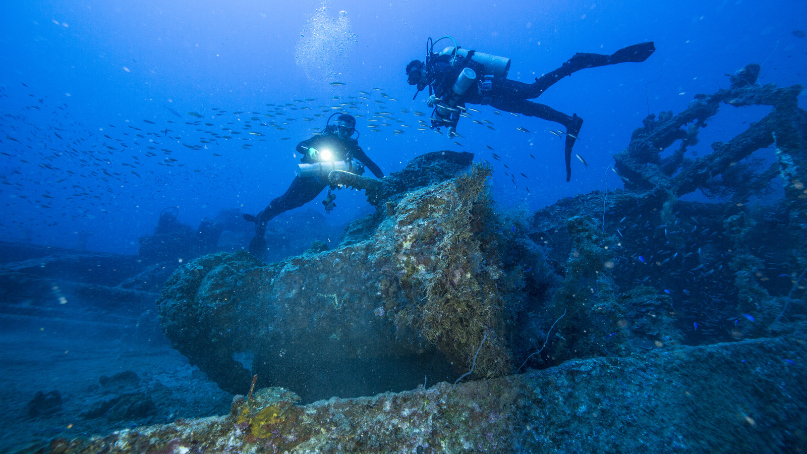 l Ile de Truc en Micronesie des plongeurs explore l'epave d un navire avec un char
